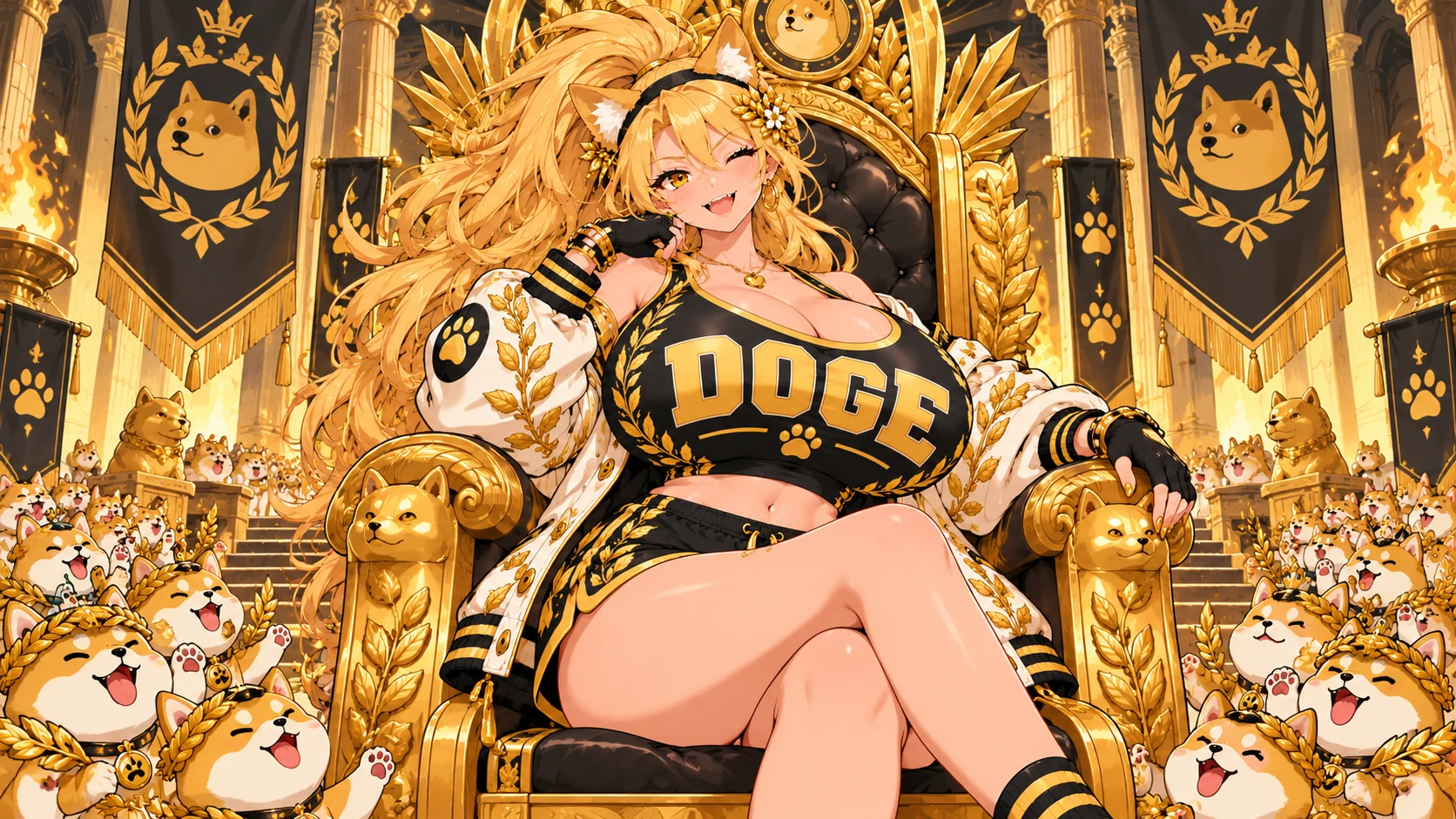Adult Eve on a golden throne in a grand temple, surrounded by silly Shiba Inu worshippers wearing laurel wreaths.